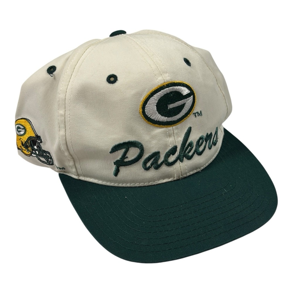 Vtg 90s Green Bay‎ Packers Script Hat Cap Snapback White Green NFL Team Spellout